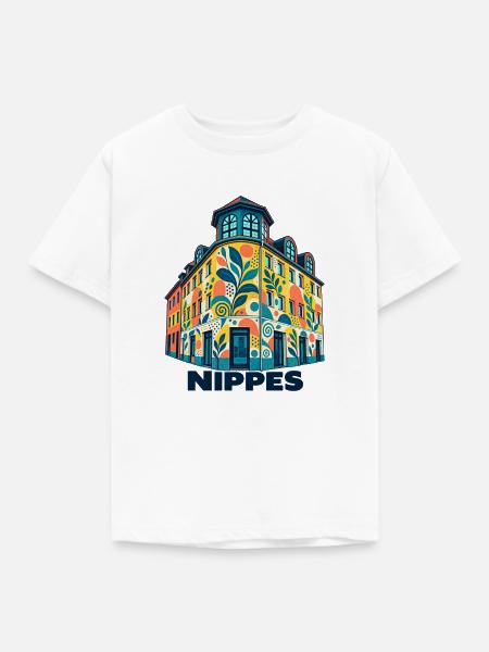 Nippes Eckhaus mit Schrift - Kinder T-Shirt - Weiß