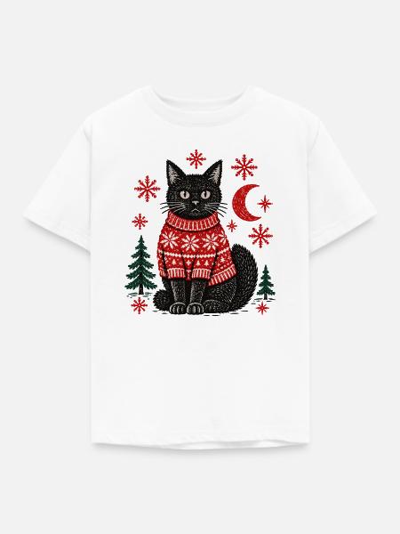 Weihnachtsschwarze Katze im gestrickten Pullover - Kinder T-Shirt - Weiß