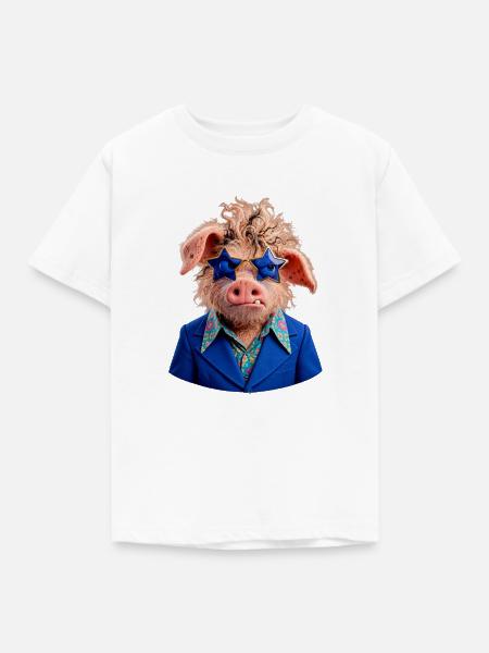 Retro-Schwein mit Sternbrille – Coole 70er-Jahre - Kinder T-Shirt - Weiß
