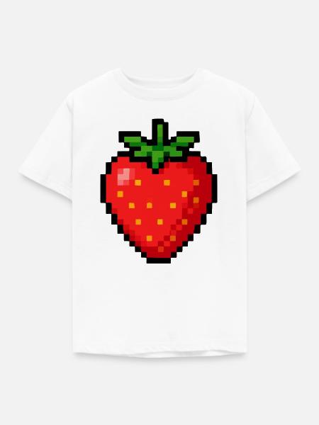 Pixel-Erdbeere mit Neon-Grünen Blättern - Kinder T-Shirt - Weiß