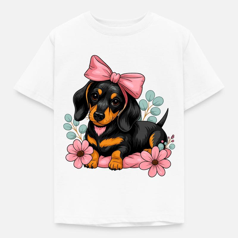 Teckel avec ruban rose et fleurs - T-shirt Enfant - blanc