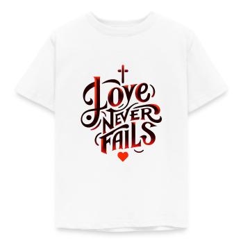 LOVE NEVER FAILS - Kinder T-Shirt - Weiß - Vorne - AI Model Kid Male (0cm)