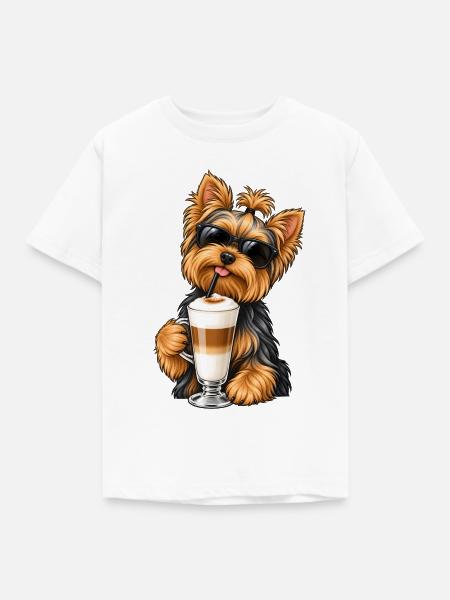 Yorkshire Terrier mit Latte Macchiato - Kinder T-Shirt - Weiß