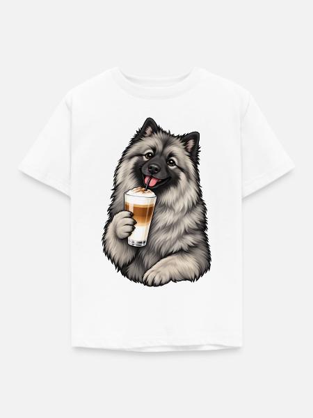 Keeshond mit Latte Macchiato - Kinder T-Shirt - Weiß
