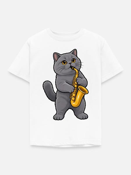 Britisch Kurzhaar mit Saxophon - Kinder T-Shirt - Weiß