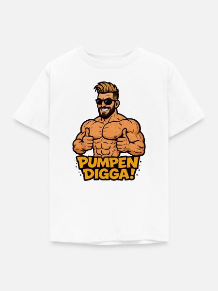PUMPEN DIGGA Cartoon Bodybuilder - Kinder T-Shirt - Weiß