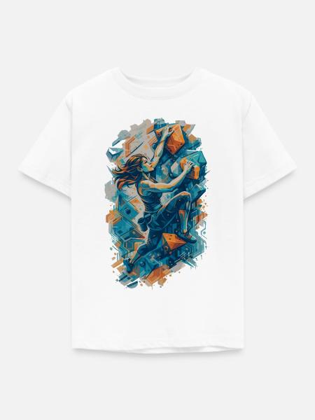 Bouldern Frau Design – Kletterin an Boulderwand - Kinder T-Shirt - Weiß