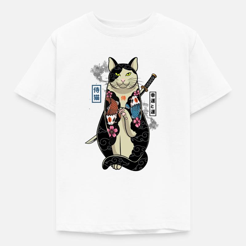 samurai cat - maneki neko - T-shirt Enfant - blanc
