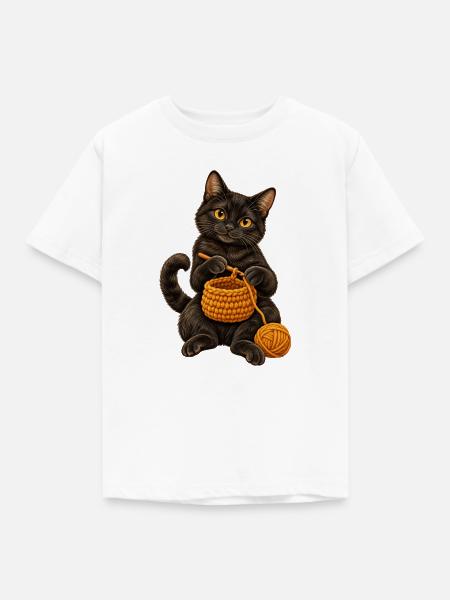 Schwarze Katze häkelt einen Korb - Kinder T-Shirt - Weiß