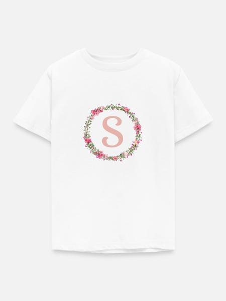 S Monogramm, Blumen-Kranz, personalisierbar - Kinder T-Shirt - Weiß
