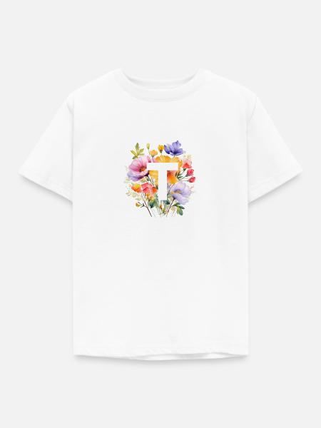 T Monogramm , bunter Blumenstrauss - Kinder T-Shirt - Weiß