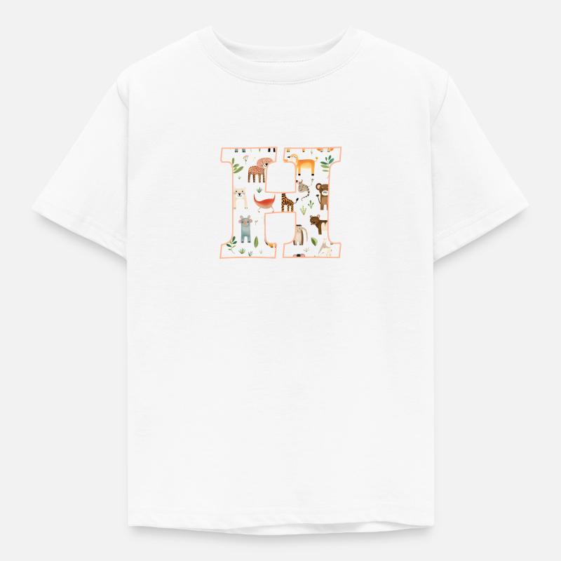 Buchstabe H, Monogramm, Tiermuster - Kinder T-Shirt - Weiß