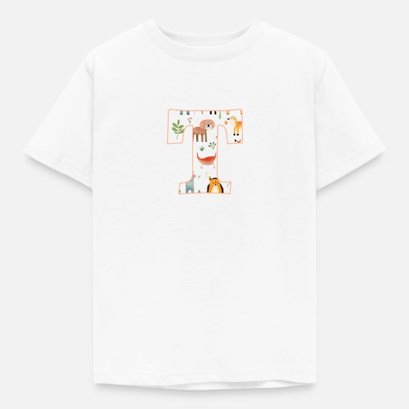 Buchstabe T, Monogramm, Tiermuster - Kinder T-Shirt - Weiß