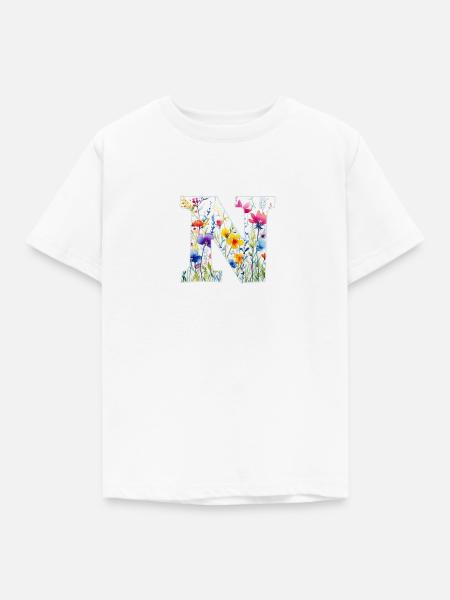 Buchstabe N, Monogramm, Blumenmuster - Kinder T-Shirt - Weiß
