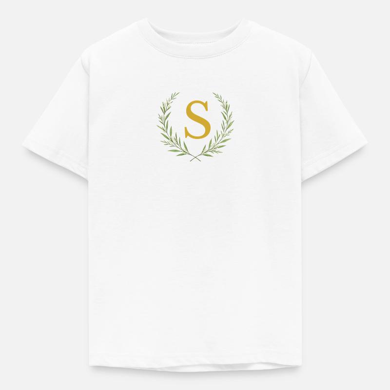 S Monogramm, Eukalyptus Kranz, personalisierbar - Kinder T-Shirt - Weiß