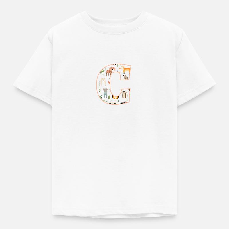 Buchstabe C, Monogramm, Tiermuster - Kinder T-Shirt - Weiß