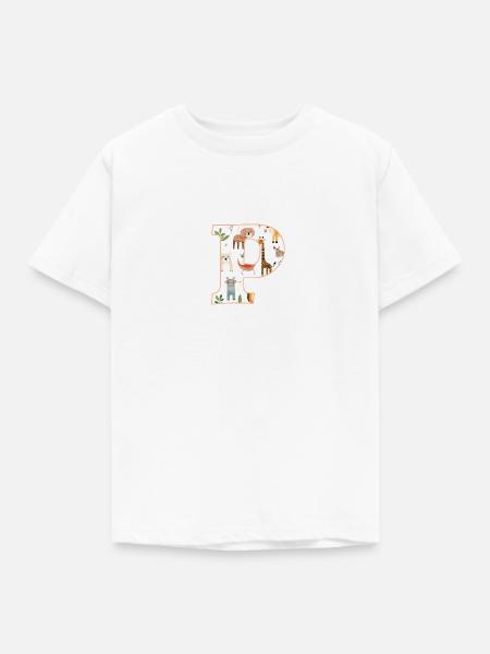 Buchstabe P, Monogramm, Tiermuster - Kinder T-Shirt - Weiß