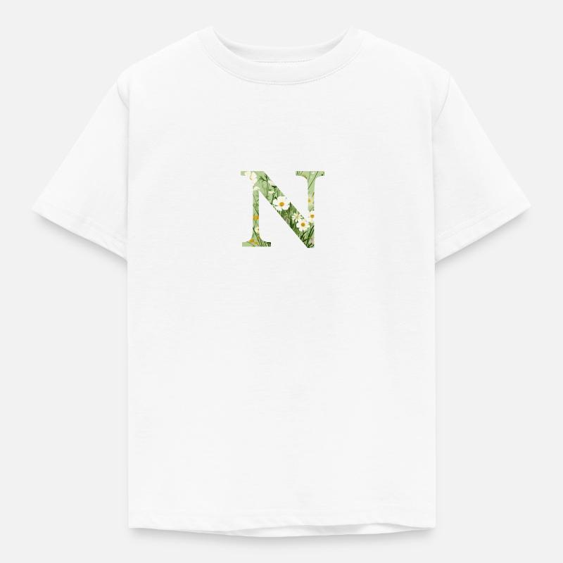 Buchstabe N, Monogramm, Blumenmuster - Kinder T-Shirt - Weiß