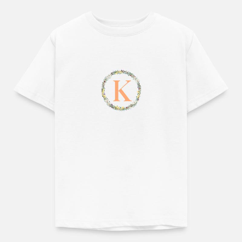 K Monogramm, Blumen-Kranz, personalisierbar - Kinder T-Shirt - Weiß