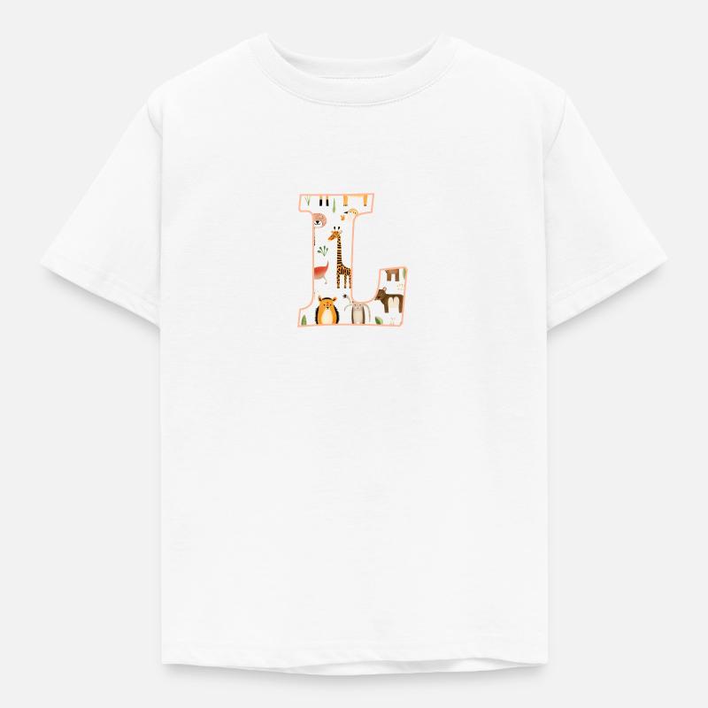 Buchstabe L, Monogramm, Tiermuster - Kinder T-Shirt - Weiß