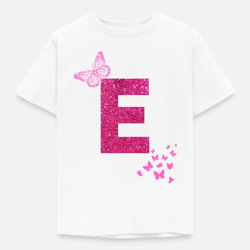 E Buchstabe pink Glitzer Schmetterlinge - Kinder T-Shirt - Weiß