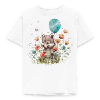 Kleiner Wolf in Blumenwiese - Kinder T-Shirt - Weiß - Vorne - AI Model Kid Male (0cm)