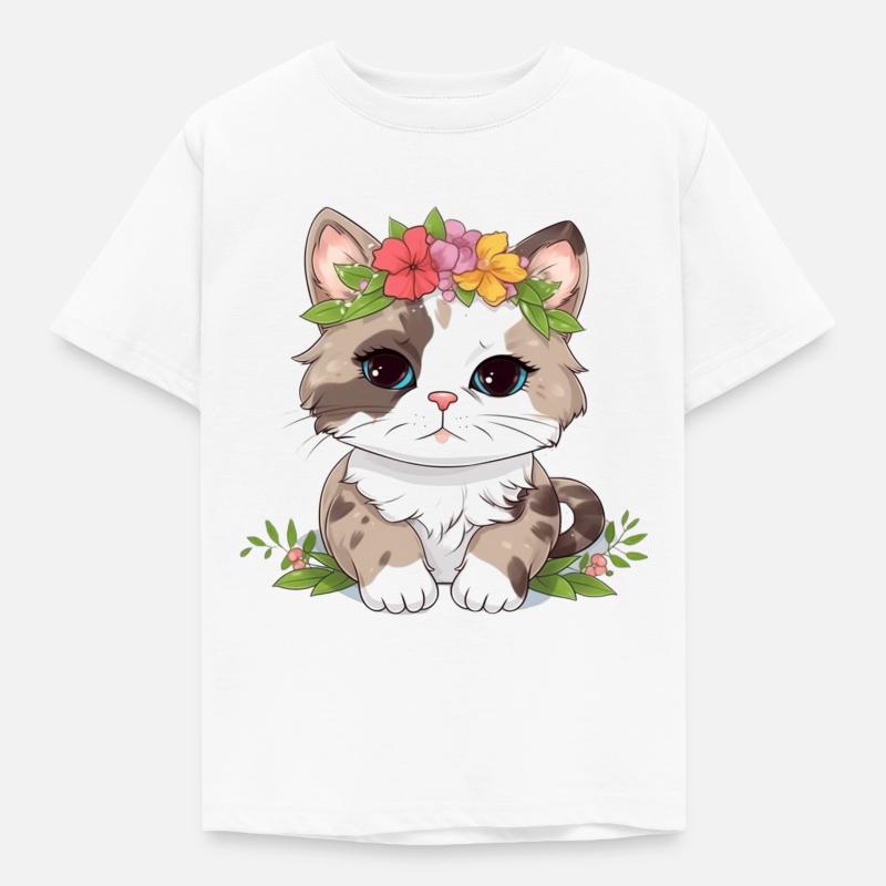 Chat mignon avec des fleurs - T-shirt Enfant - blanc