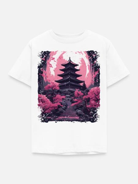 Kirschblüten-Sakura-Baum in einer Tempel-Dampfwelle - Kinder T-Shirt - Weiß
