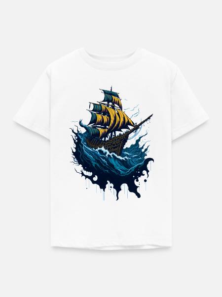 Piratenschiff in stürmischer See - Kinder T-Shirt - Weiß