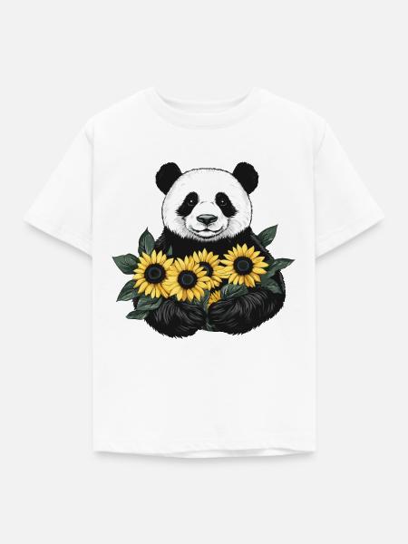 Pandabär mit Sonnenblumen - Kinder T-Shirt - Weiß