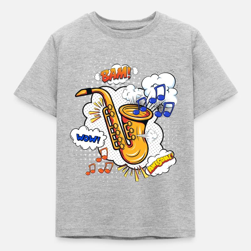 Saxophon Comicstyle - Kinder T-Shirt - Grau meliert