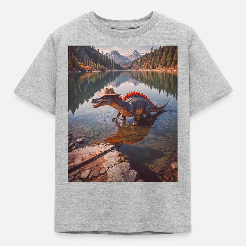 Dinosaurier lebender Spinosaurus angelt - Kinder T-Shirt - Grau meliert