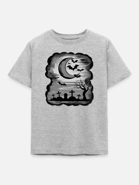 monochrom Mondnacht über Gräber – Fledermaus-Szene - Kinder T-Shirt - Grau meliert