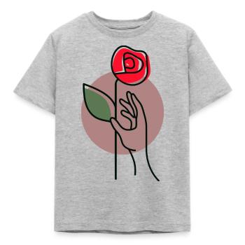 Greif nach der Rose – Symbolisches Line Art Motiv - Kinder T-Shirt - Grau meliert - Vorne - AI Model Kid Male (0cm)