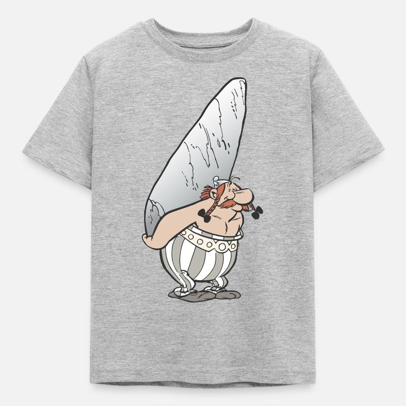 Asterix & Obelix - Obelix mit Stein - Kinder T-Shirt - Grau meliert