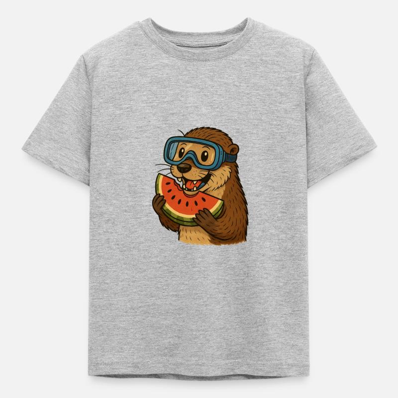 Otter mit Wassermelone - Kinder T-Shirt - Grau meliert