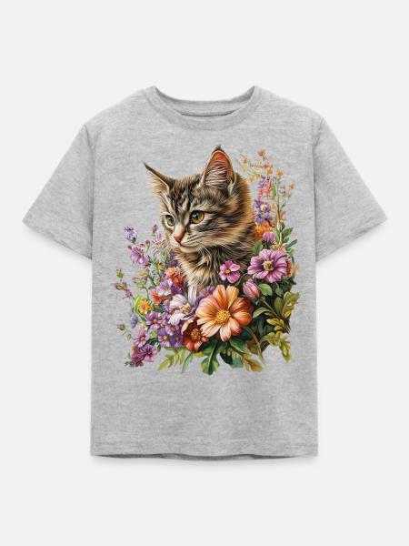 Katze Blumen - Kinder T-Shirt - Grau meliert