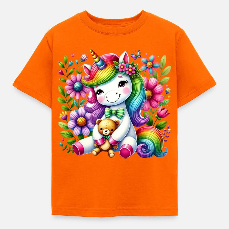 Regenbogen Einhorn Blumentraum - Kinder T-Shirt - Orange