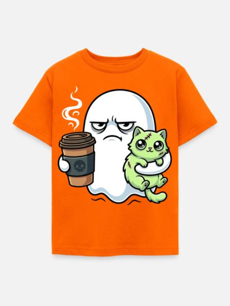 Halloween Kaffee Geist mit Zombie Katze - Kinder T-Shirt - Orange