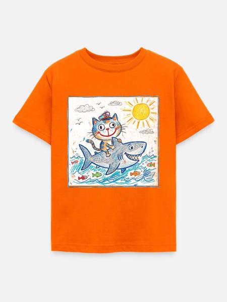 Katze reitet Haifisch - Kinder T-Shirt - Orange
