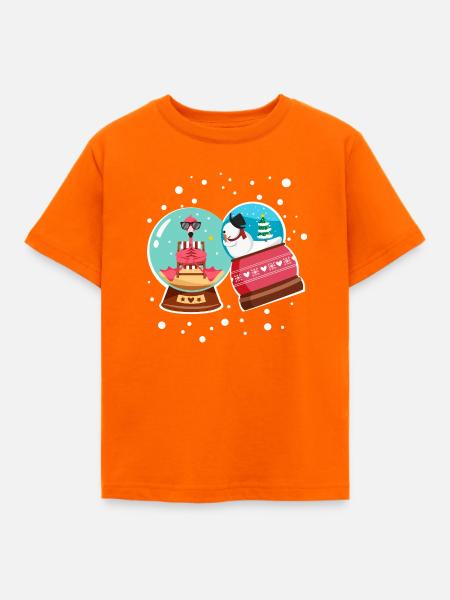 Schneemann-Flamingo Weihnachts-Schneekugel - Kinder T-Shirt - Orange