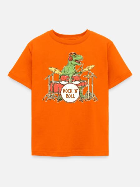Dino Drummer RocknRoll Illustration - Kinder T-Shirt - Orange