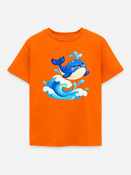 Fröhlicher Blauwal auf Wellen - Kinder T-Shirt - Orange