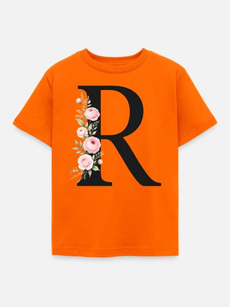 R Buchstabe Monogram Floral - Kinder T-Shirt - Orange
