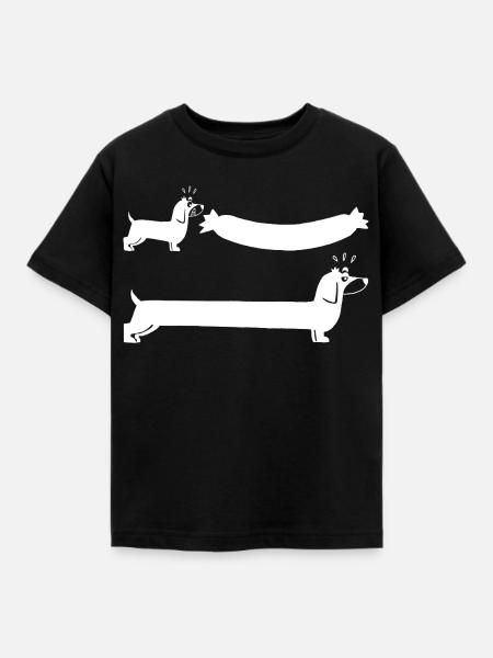 Der weiße Hund und die Wurst - Kinder T-Shirt - Schwarz