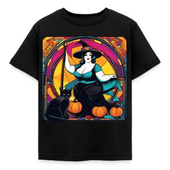Witch with black cat in mosaic style - Kids' T-Shirt - black - Front - AI Model Kid Female (0cm)