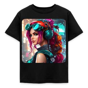 Cooles Cyberpunk Girl mit Kopfhörer - Kinder T-Shirt - Schwarz - Vorne - AI Model Kid Female (0cm)
