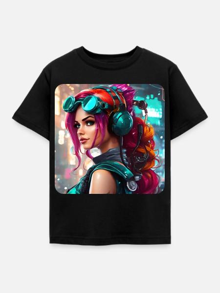 Cooles Cyberpunk Girl mit Kopfhörer - Kinder T-Shirt - Schwarz