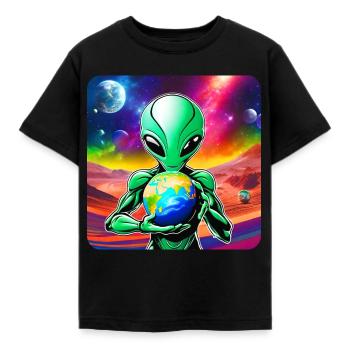 Cool alien with planet in his hands - Kids' T-Shirt - black - Front - AI Model Kid Female (0cm)