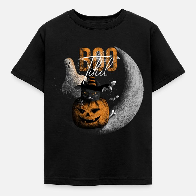 Bootiful Ghost and Black Cat in Crescent Moon - Kids' T-Shirt - black